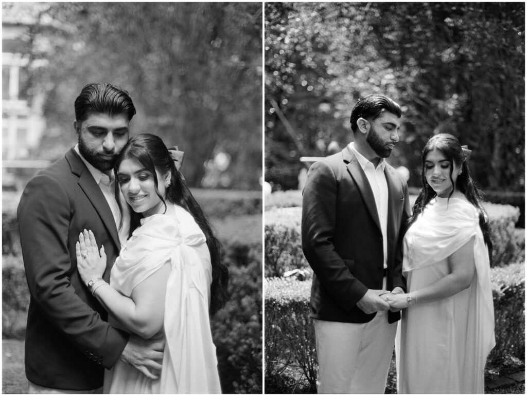 Pakistani couple during their black and white engagement photo session at Riverwood Conservancy in the GTA, captured on film with natural contrast and an elegant, storytelling style.