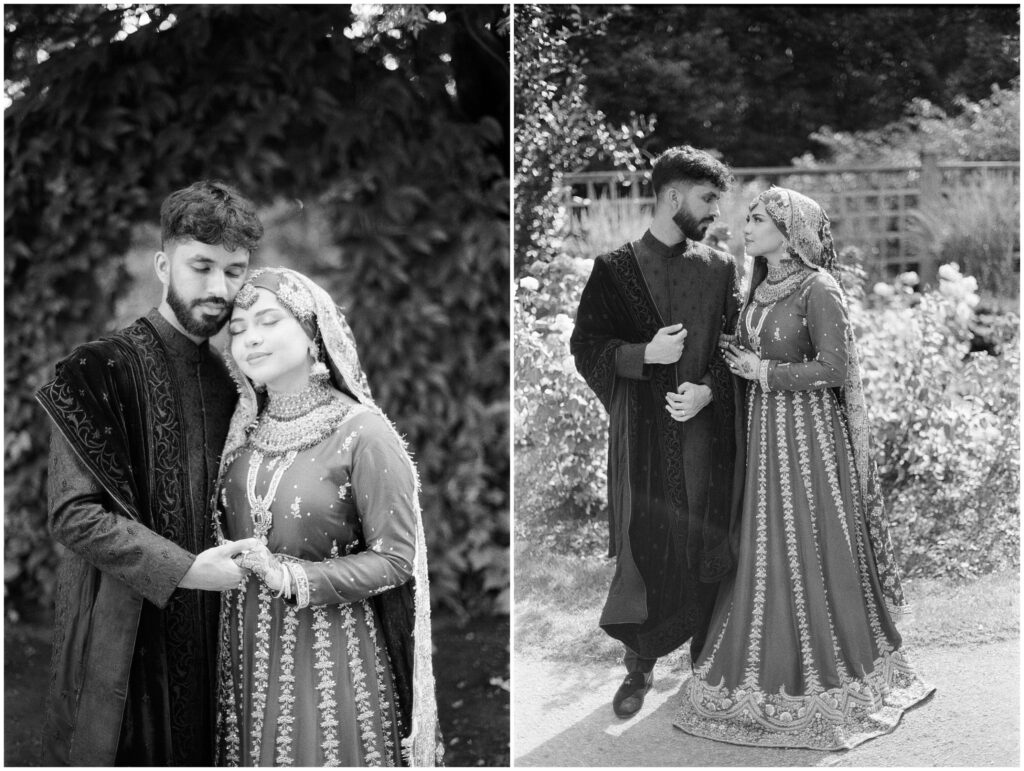 Pakistani couple during their shaadi wedding portraits at Gairloch Gardens in Oakville, captured on black and white film with timeless contrast and an elegant, storytelling style.
