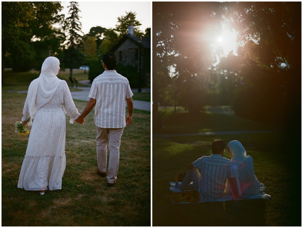 Muslim couple posing for engagement portraits on film at Dundurn Castle in Hamilton, Ontario.