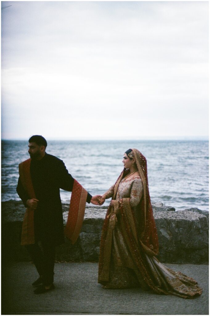 A Pakistani Muslim couple during their nikah and shaadi wedding celebration at the Pearle Hotel in Burlington, captured on film with natural color, gentle contrast, and an elegant, documentary feel.