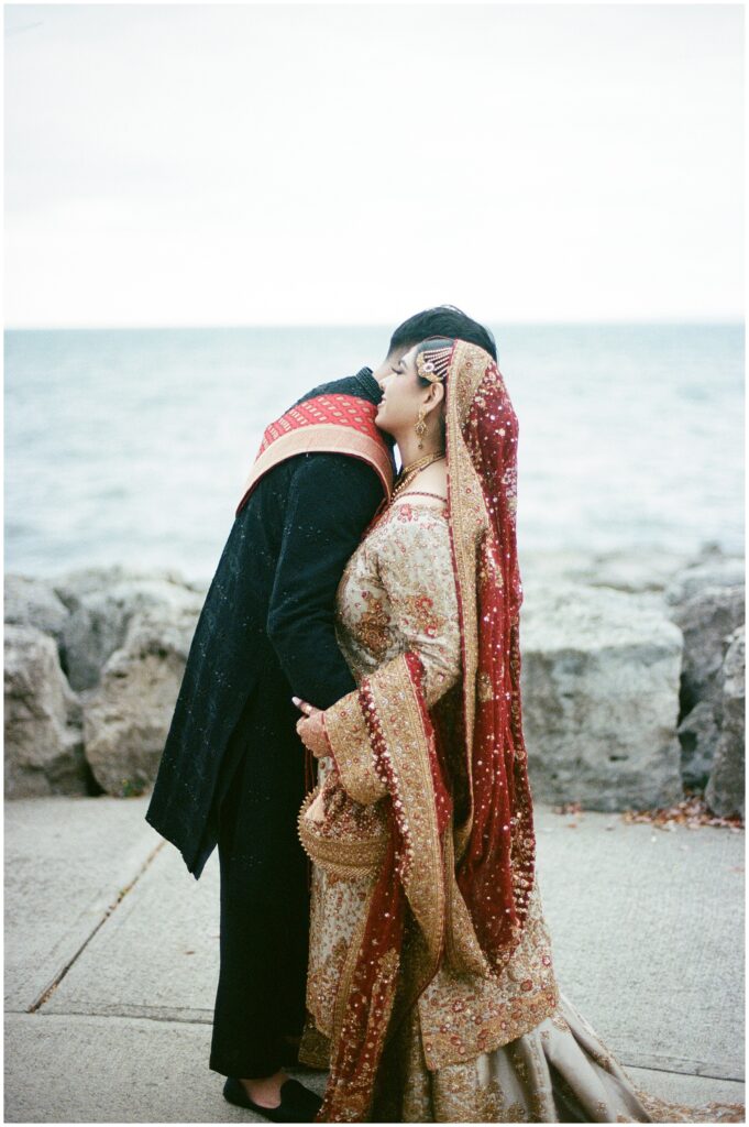 A Pakistani Muslim couple during their nikah and shaadi wedding celebration at the Pearle Hotel in Burlington, captured on film with natural color, gentle contrast, and an elegant, documentary feel.