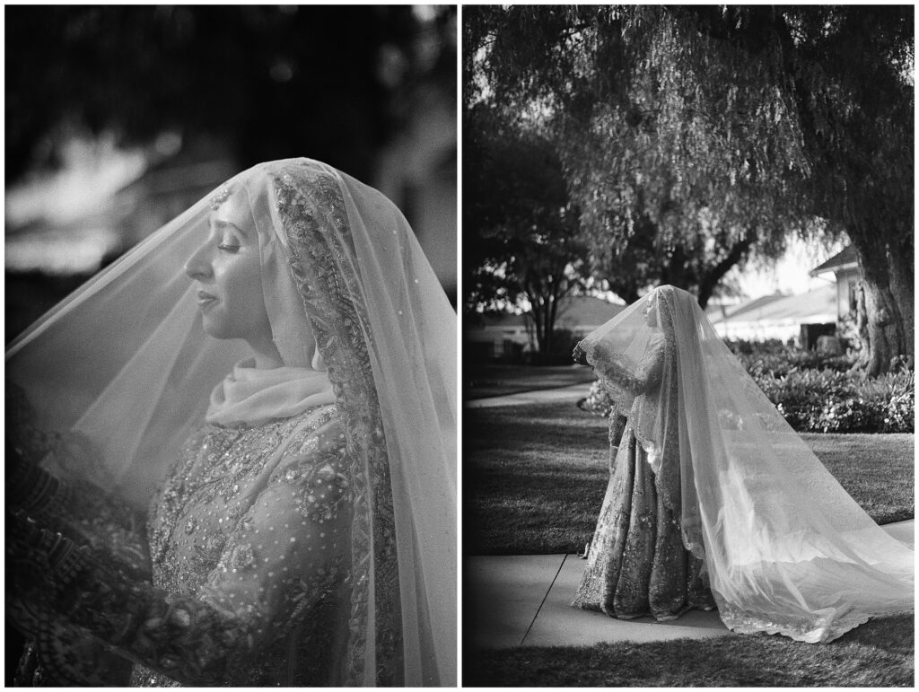 Detailed shot of a Pakistani bride’s wedding dress and embroidery photographed on film during her wedding.