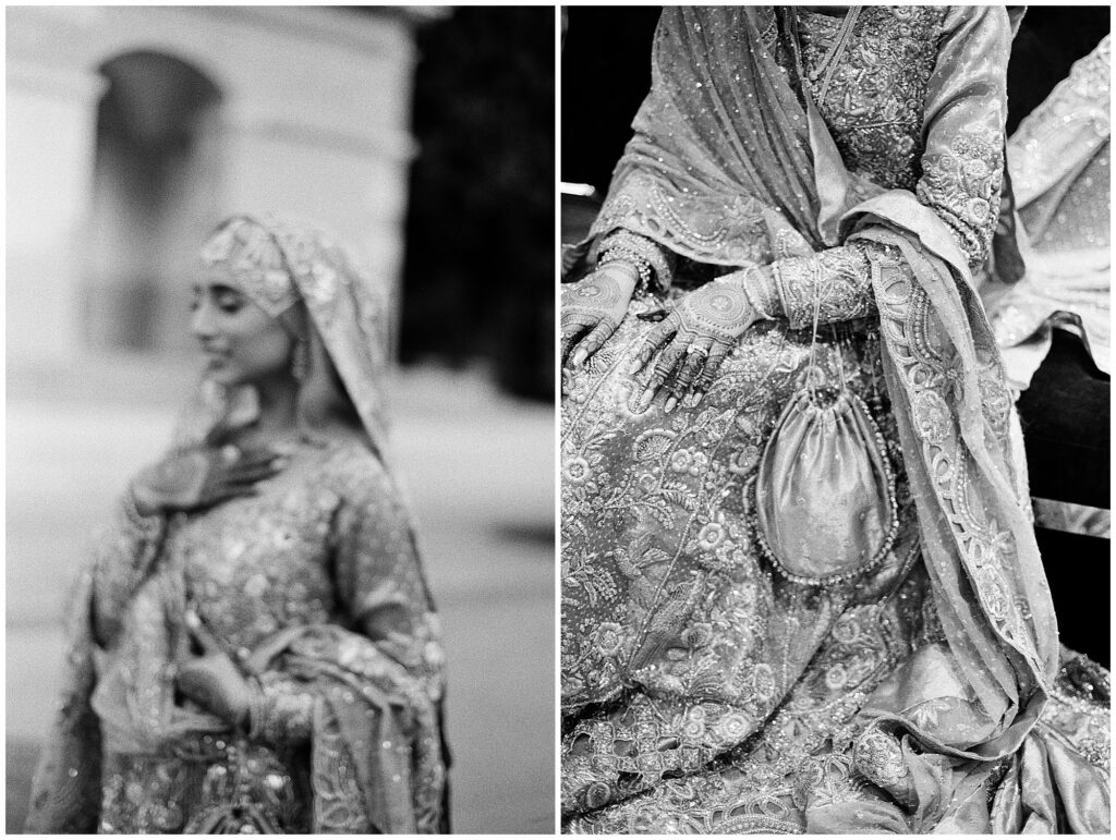 Intricate details of the bride’s Pakistani wedding dress, captured on film to highlight the embroidery, texture, and timeless elegance.
