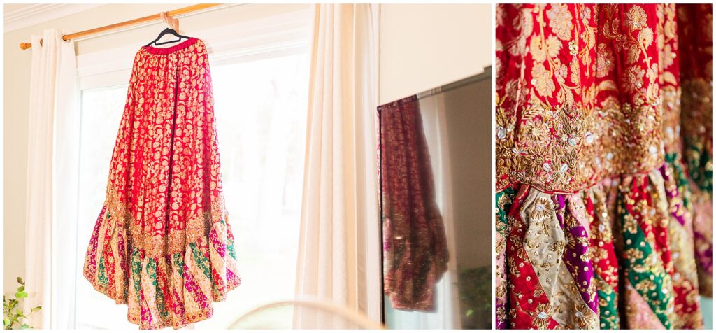 Red Pakistani lehenga detail shot highlighting the intricate embroidery details.