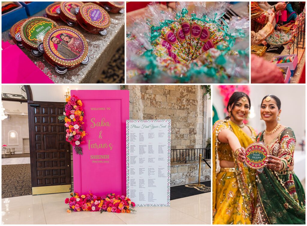 Colorful Pakistani mehendi decor with floral stage design at a Mississauga wedding