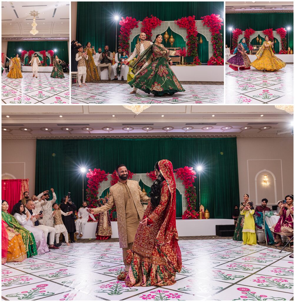 Guests dancing during a vibrant Pakistani mehendi celebration in Mississauga
