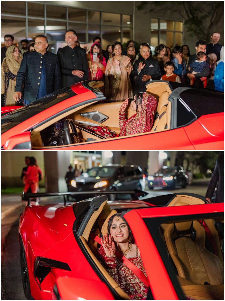 Pakistani bride waving goodbye at her Rukhsati in Indiana