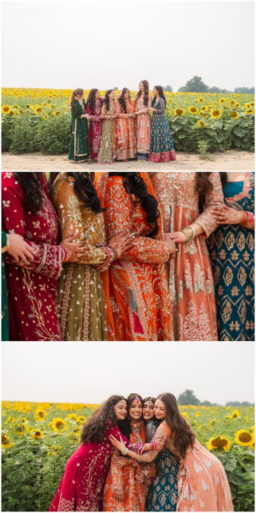 A Pakistani bride and her bridesmaids in a sunflower field