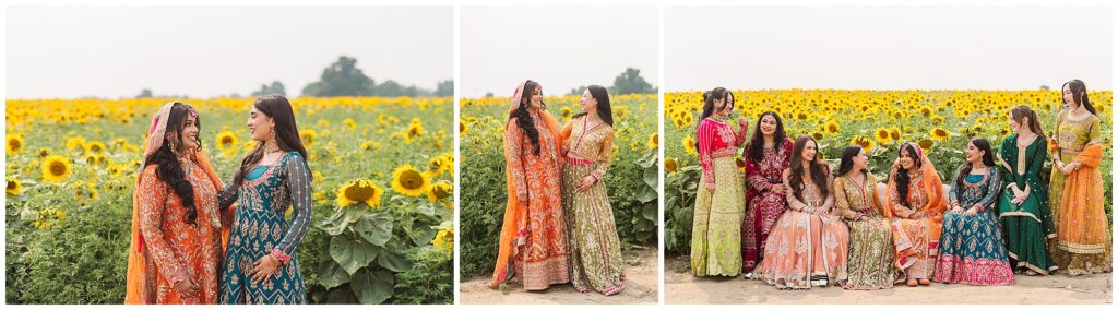A Pakistani bride and her bridesmaids in a sunflower field