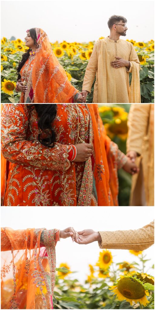A couple posing in a sunflower field for their pakistani mehendi in oakville