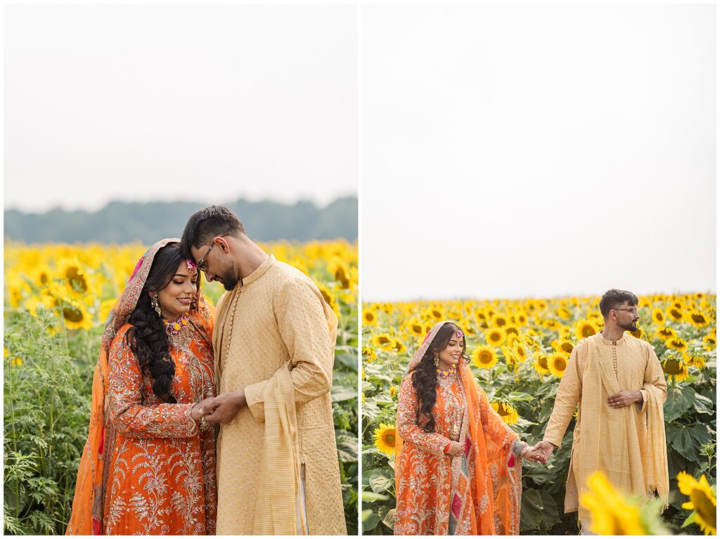 A couple posing in a sunflower field for their pakistani mehendi in oakville