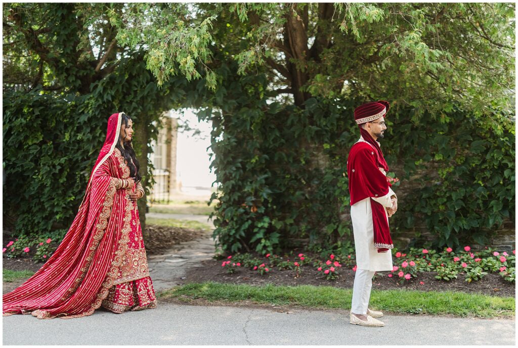 Pakistani bride and groom first look at Gairloch Gardens Oakville