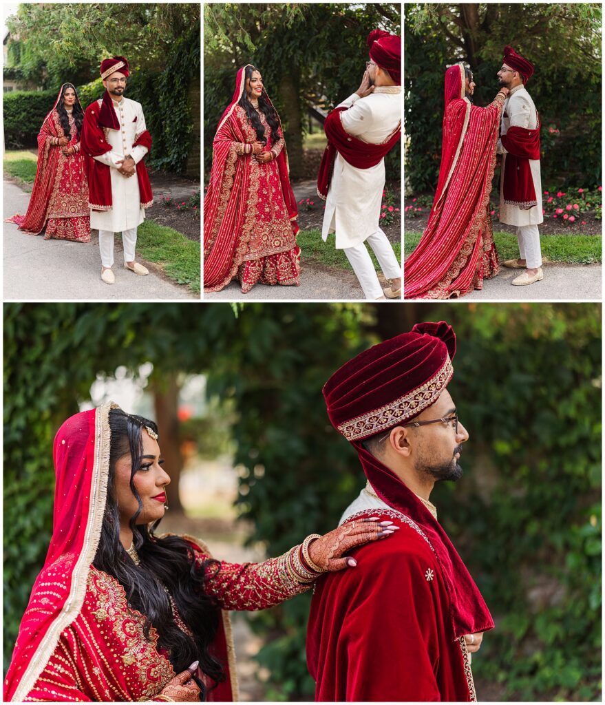 Pakistani bride and groom first look at Gairloch Gardens Oakville