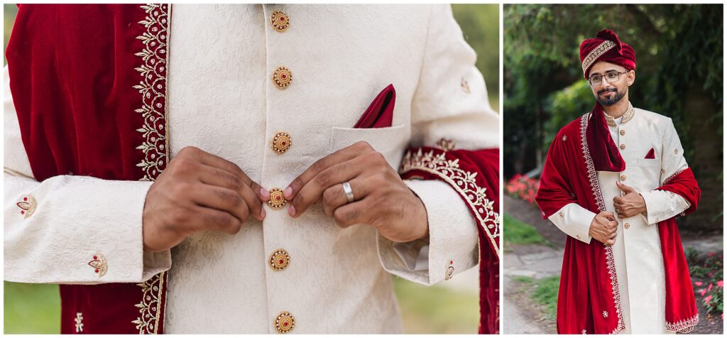 Pakistani bride and groom first look at Gairloch Gardens Oakville