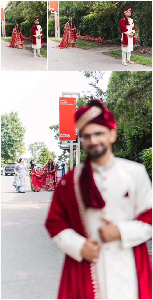 Pakistani bride and groom first look at Gairloch Gardens Oakville