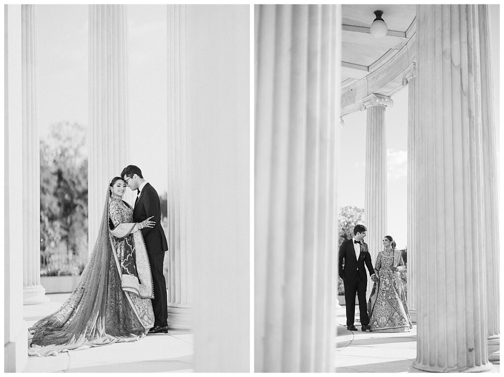 Pakistani bride and groom posing for Valima portraits at AKG Museum in Buffalo NY