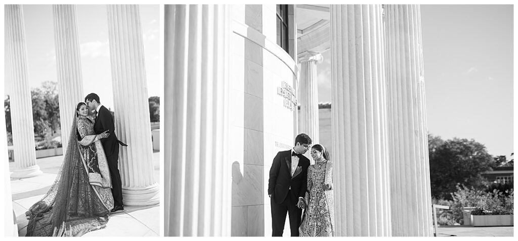 Pakistani bride and groom posing for Valima portraits at AKG Museum in Buffalo NY