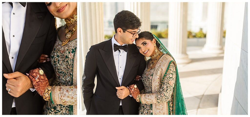 Pakistani bride and groom posing for Valima portraits at AKG Museum in Buffalo NY