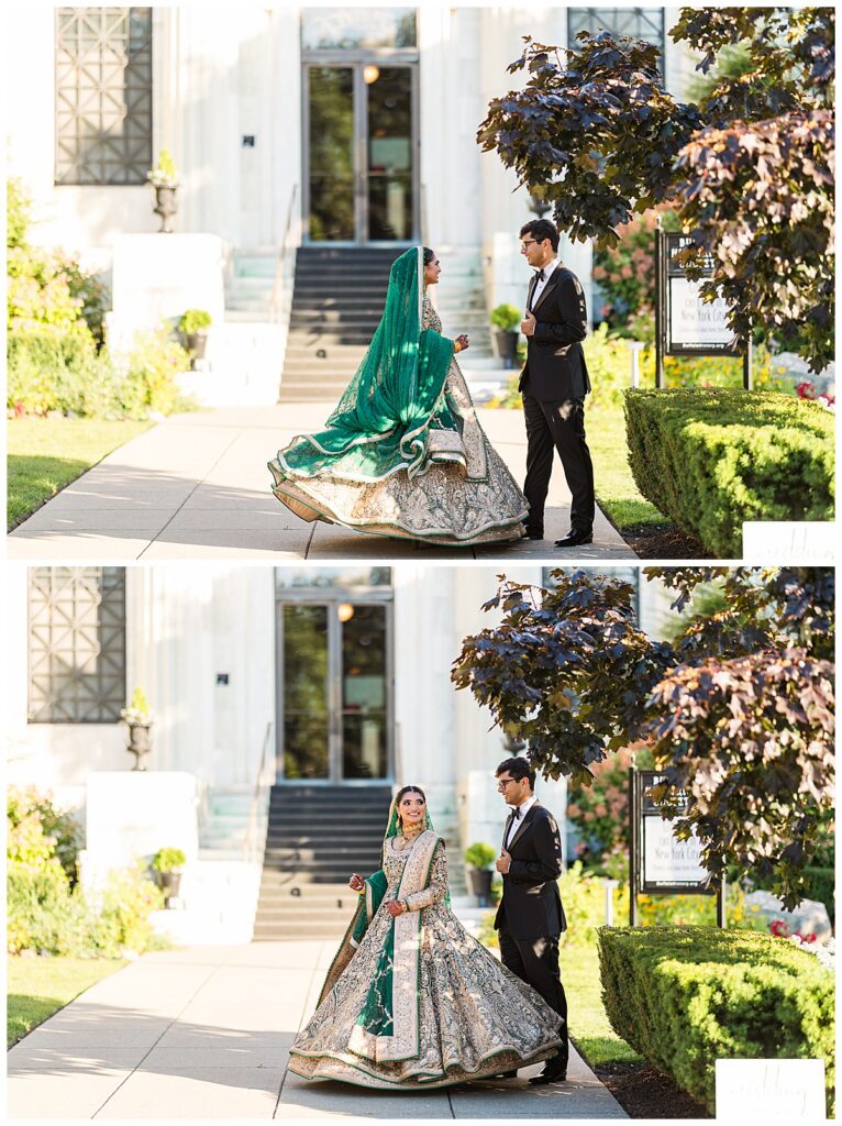 Pakistani bride and groom posing for Valima portraits at AKG Museum in Buffalo NY Buffalo History Museum