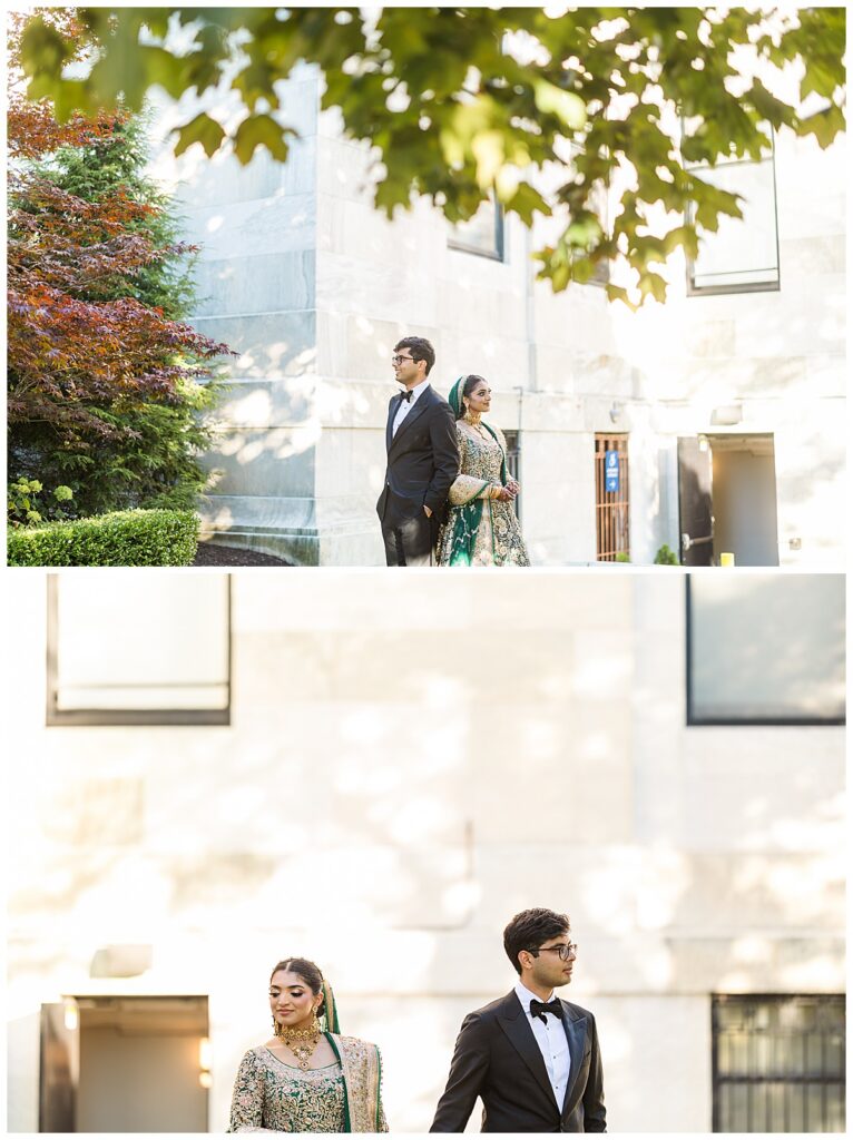 Pakistani bride and groom posing for Valima portraits at AKG Museum in Buffalo NY Buffalo History Museum