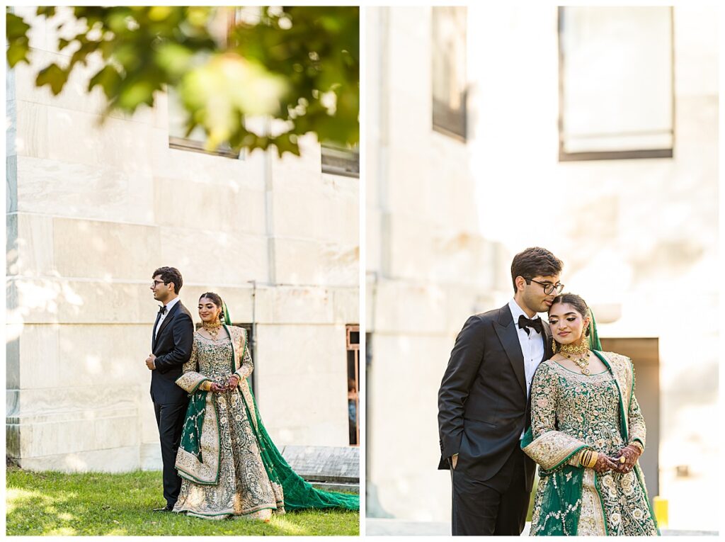 Pakistani bride and groom posing for Valima portraits at AKG Museum in Buffalo NY Buffalo History Museum