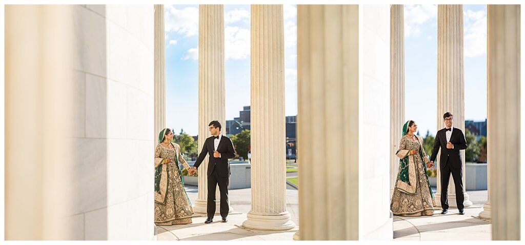 Pakistani bride and groom posing for Valima portraits at AKG Museum in Buffalo NY